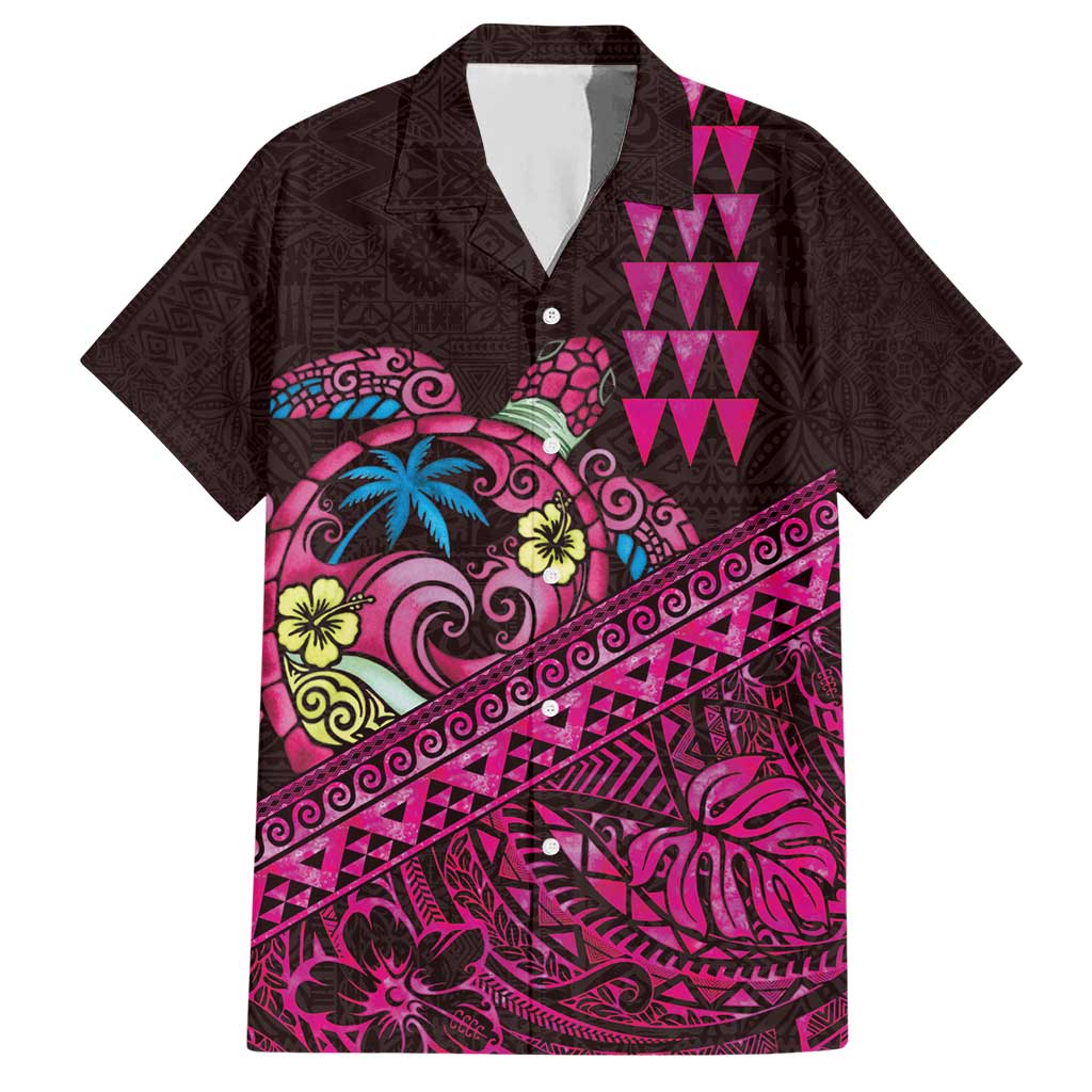 Hawaiian Abstract Sea Turtle Hawaiian Shirt Polynesian Tapa Art and Kakau Tattoo Pink WaterColor LT03 Black - Polynesian Pride