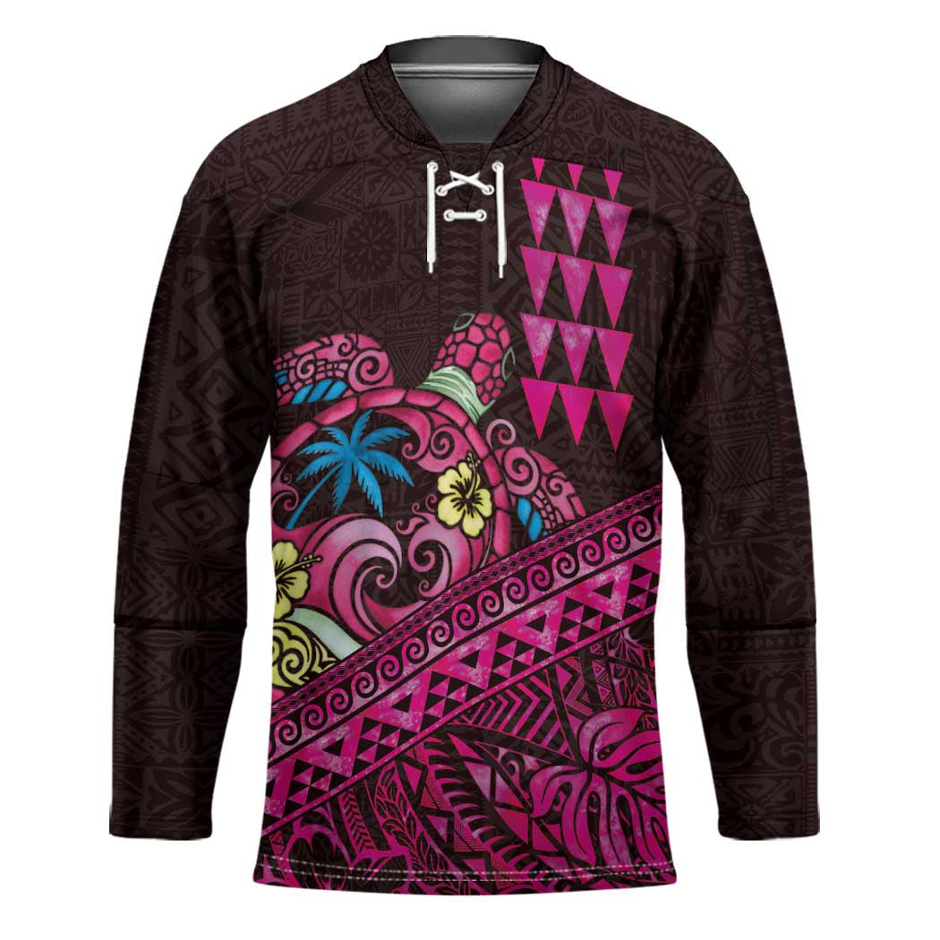 Hawaiian Abstract Sea Turtle Hockey Jersey Polynesian Tapa Art and Kakau Tattoo Pink WaterColor LT03 Unisex Black - Polynesian Pride