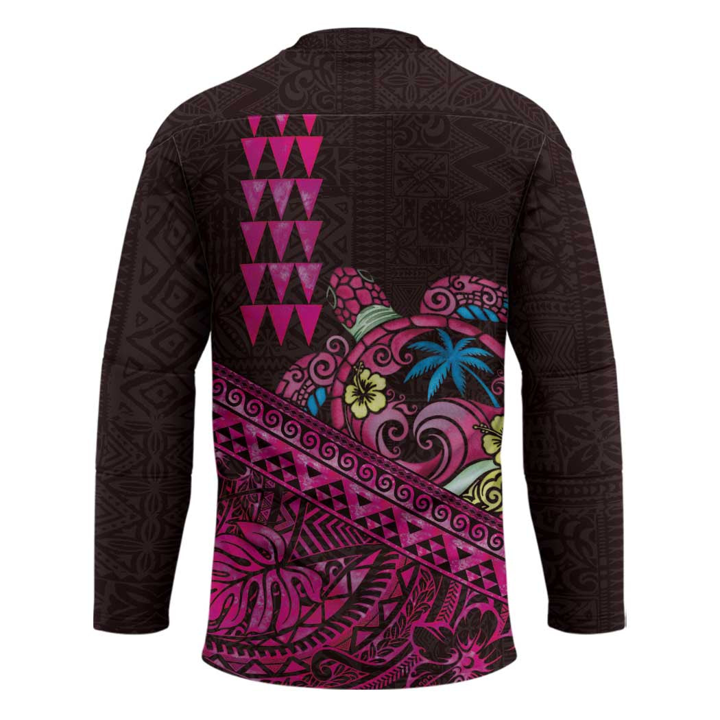 Hawaiian Abstract Sea Turtle Hockey Jersey Polynesian Tapa Art and Kakau Tattoo Pink WaterColor LT03 - Polynesian Pride