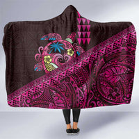 Hawaiian Abstract Sea Turtle Hooded Blanket Polynesian Tapa Art and Kakau Tattoo Pink WaterColor LT03 One Size Black - Polynesian Pride