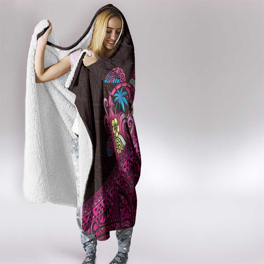 Hawaiian Abstract Sea Turtle Hooded Blanket Polynesian Tapa Art and Kakau Tattoo Pink WaterColor LT03 - Polynesian Pride