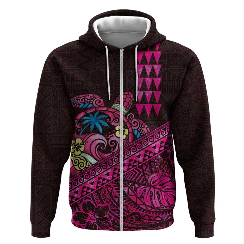 Hawaiian Abstract Sea Turtle Hoodie Polynesian Tapa Art and Kakau Tattoo Pink WaterColor LT03 Zip Hoodie Black - Polynesian Pride
