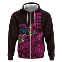 Hawaiian Abstract Sea Turtle Hoodie Polynesian Tapa Art and Kakau Tattoo Pink WaterColor LT03 Zip Hoodie Black - Polynesian Pride