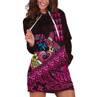 Hawaiian Abstract Sea Turtle Hoodie Dress Polynesian Tapa Art and Kakau Tattoo Pink WaterColor LT03 Black - Polynesian Pride