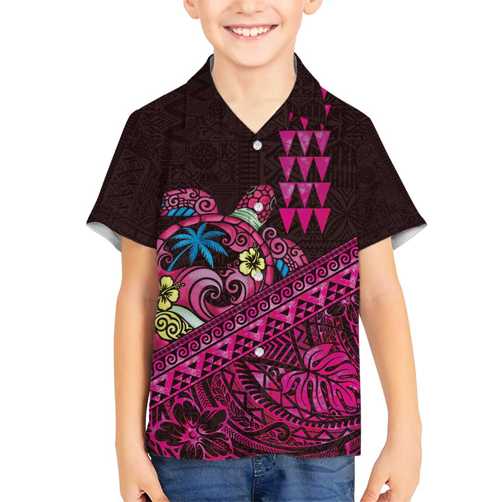 Hawaiian Abstract Sea Turtle Kid Hawaiian Shirt Polynesian Tapa Art and Kakau Tattoo Pink WaterColor LT03 Kid Black - Polynesian Pride