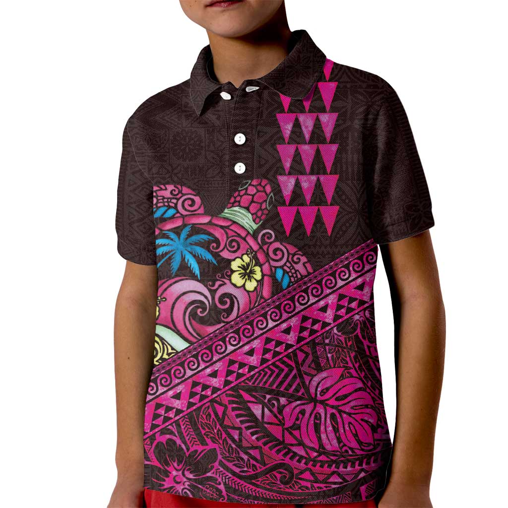 Hawaiian Abstract Sea Turtle Kid Polo Shirt Polynesian Tapa Art and Kakau Tattoo Pink WaterColor LT03 Kid Black - Polynesian Pride