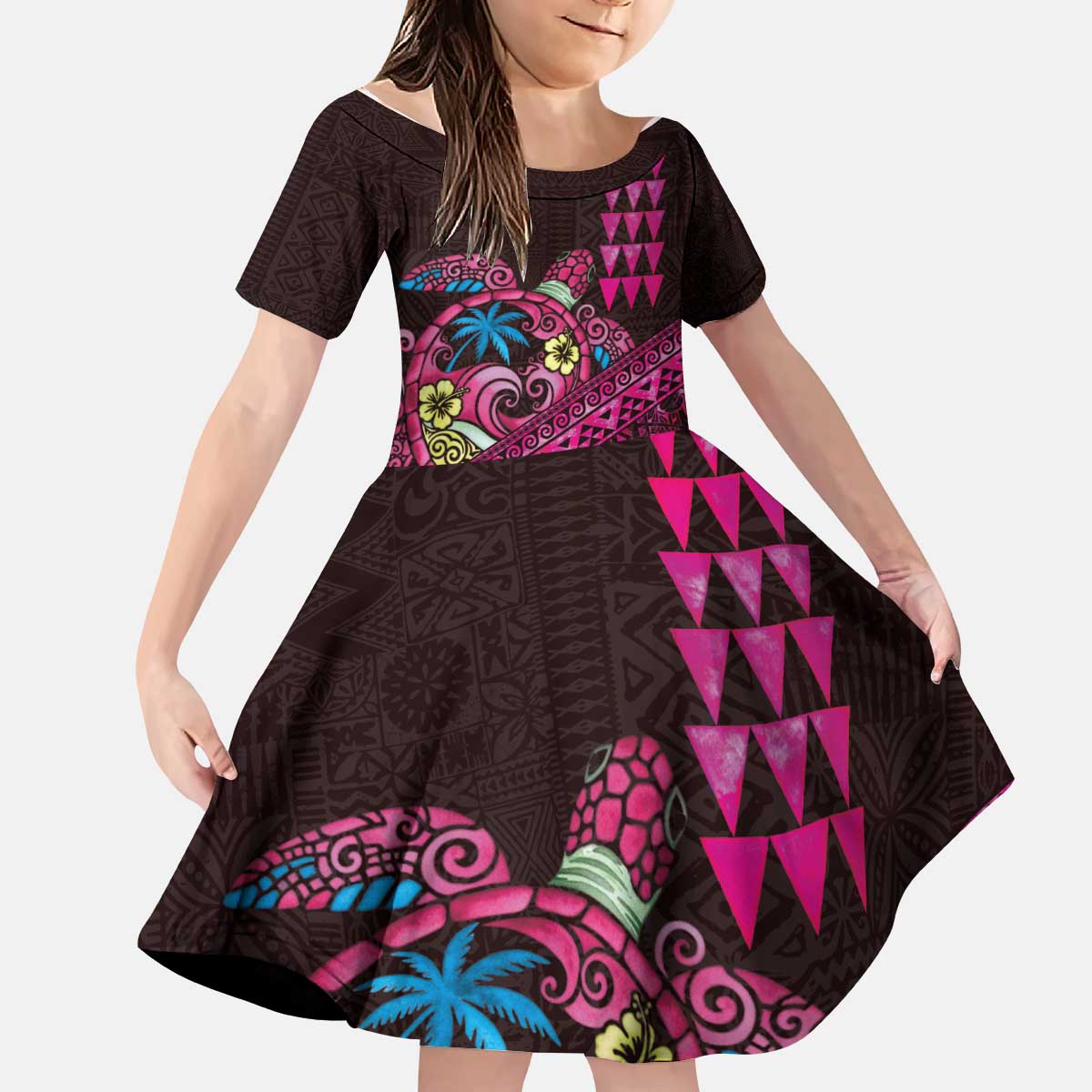 Hawaiian Abstract Sea Turtle Kid Short Sleeve Dress Polynesian Tapa Art and Kakau Tattoo Pink WaterColor LT03 KID Black - Polynesian Pride