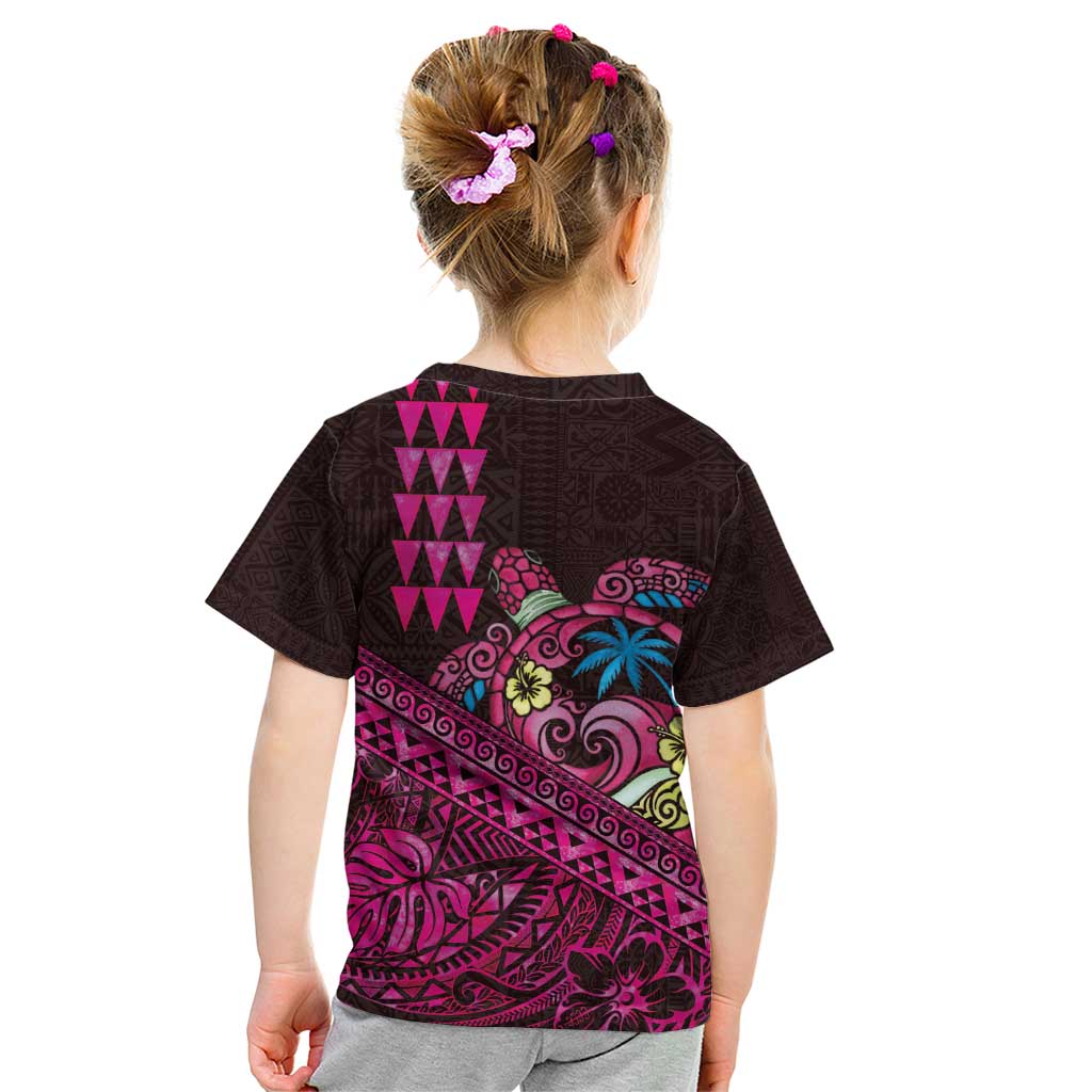 Hawaiian Abstract Sea Turtle Kid T Shirt Polynesian Tapa Art and Kakau Tattoo Pink WaterColor LT03 - Polynesian Pride