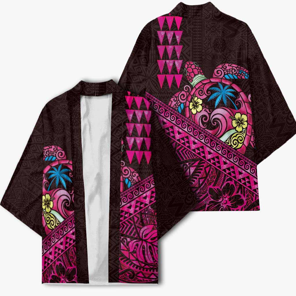 Hawaiian Abstract Sea Turtle Kimono Polynesian Tapa Art and Kakau Tattoo Pink WaterColor LT03 - Polynesian Pride