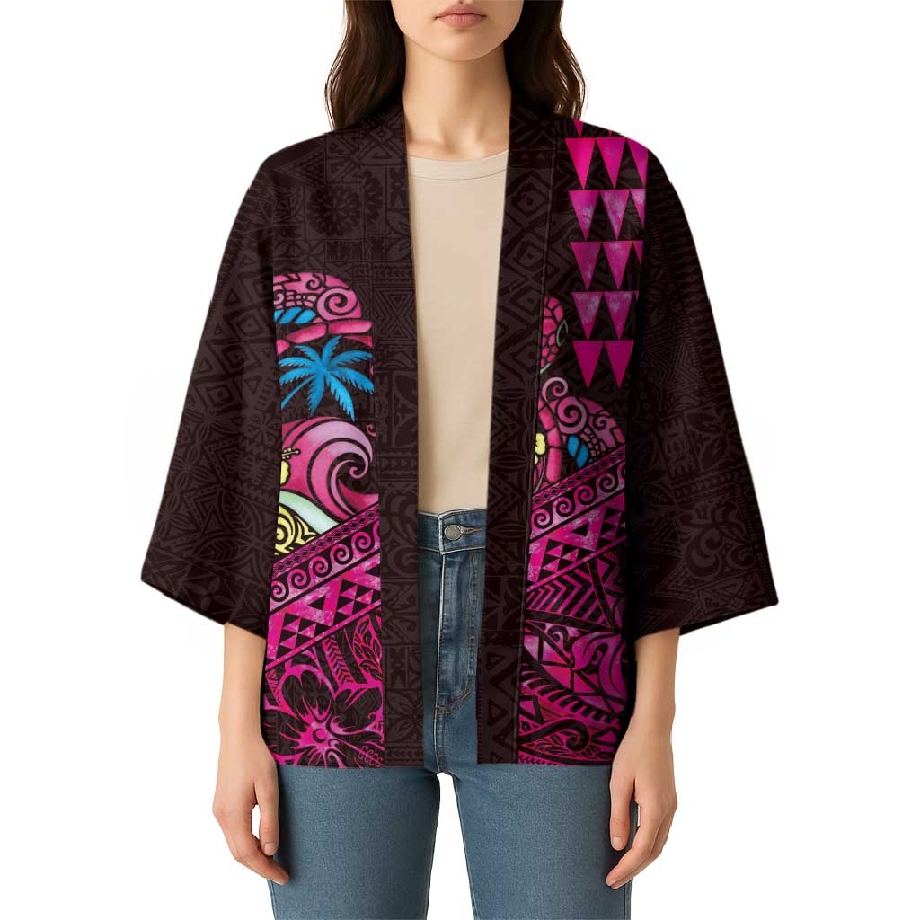 Hawaiian Abstract Sea Turtle Kimono Polynesian Tapa Art and Kakau Tattoo Pink WaterColor LT03 - Polynesian Pride