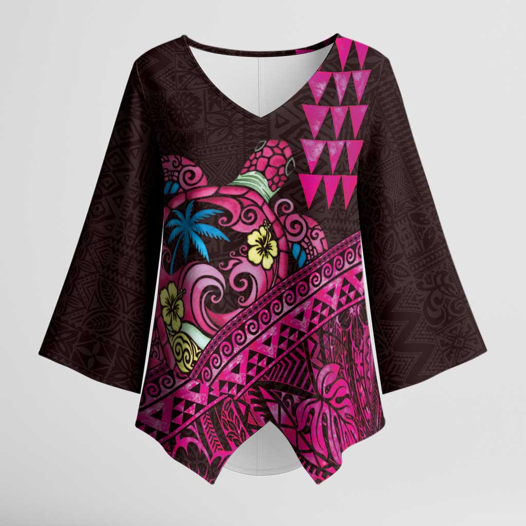 Hawaiian Abstract Sea Turtle Kimono Sleeve Blouse Polynesian Tapa Art and Kakau Tattoo Pink WaterColor LT03 Female Black - Polynesian Pride