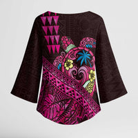 Hawaiian Abstract Sea Turtle Kimono Sleeve Blouse Polynesian Tapa Art and Kakau Tattoo Pink WaterColor LT03 - Polynesian Pride