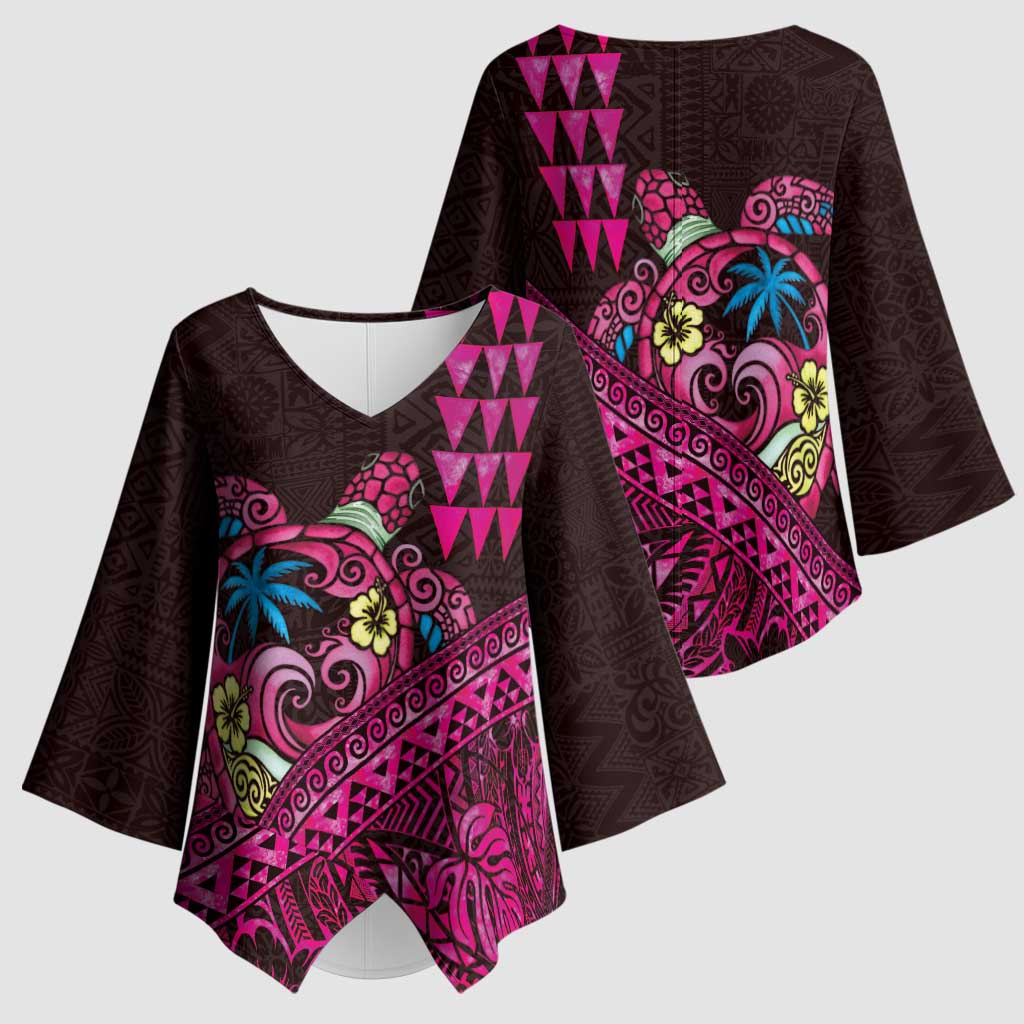 Hawaiian Abstract Sea Turtle Kimono Sleeve Blouse Polynesian Tapa Art and Kakau Tattoo Pink WaterColor LT03 - Polynesian Pride