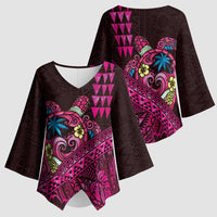 Hawaiian Abstract Sea Turtle Kimono Sleeve Blouse Polynesian Tapa Art and Kakau Tattoo Pink WaterColor LT03 - Polynesian Pride