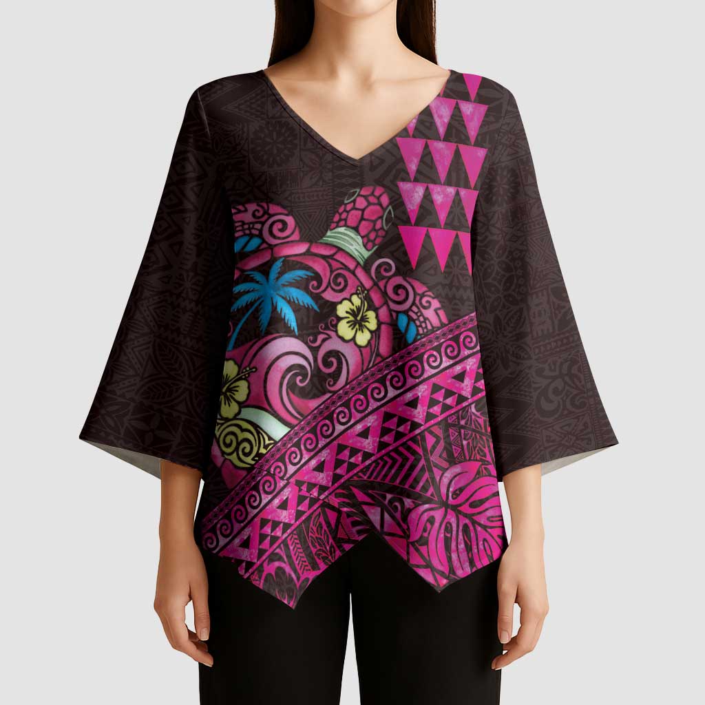 Hawaiian Abstract Sea Turtle Kimono Sleeve Blouse Polynesian Tapa Art and Kakau Tattoo Pink WaterColor LT03 - Polynesian Pride