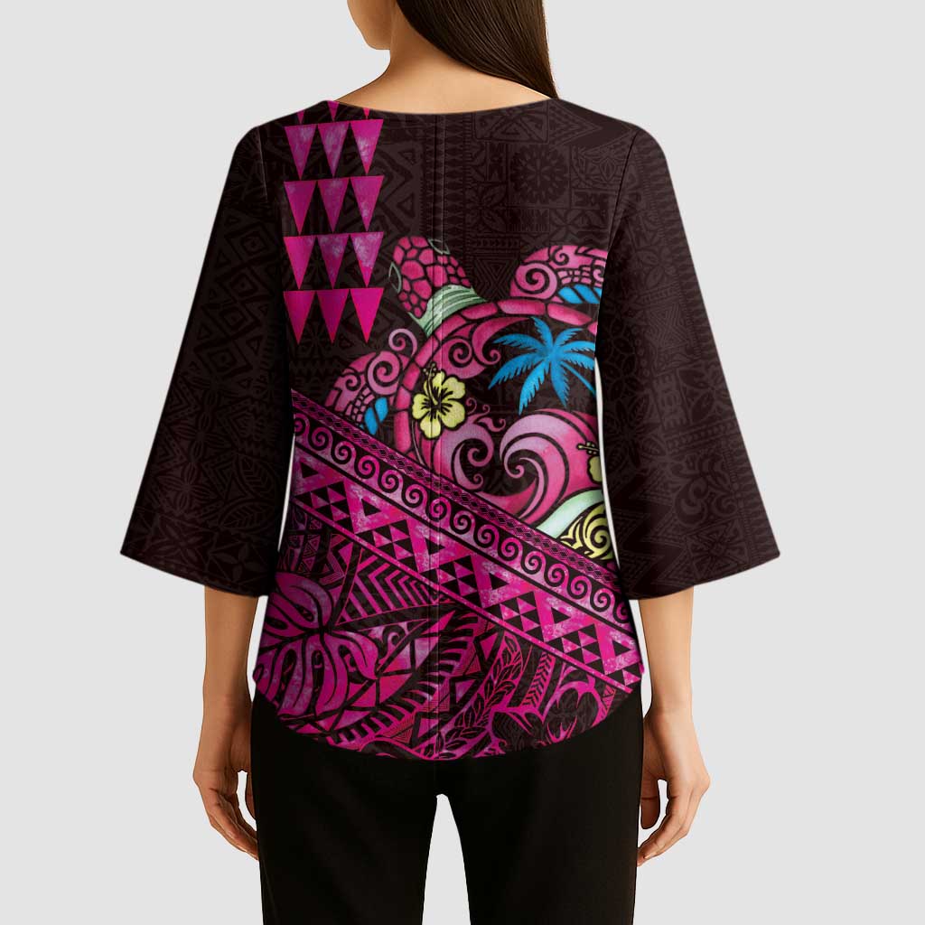 Hawaiian Abstract Sea Turtle Kimono Sleeve Blouse Polynesian Tapa Art and Kakau Tattoo Pink WaterColor LT03 - Polynesian Pride