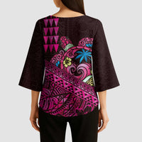 Hawaiian Abstract Sea Turtle Kimono Sleeve Blouse Polynesian Tapa Art and Kakau Tattoo Pink WaterColor LT03 - Polynesian Pride