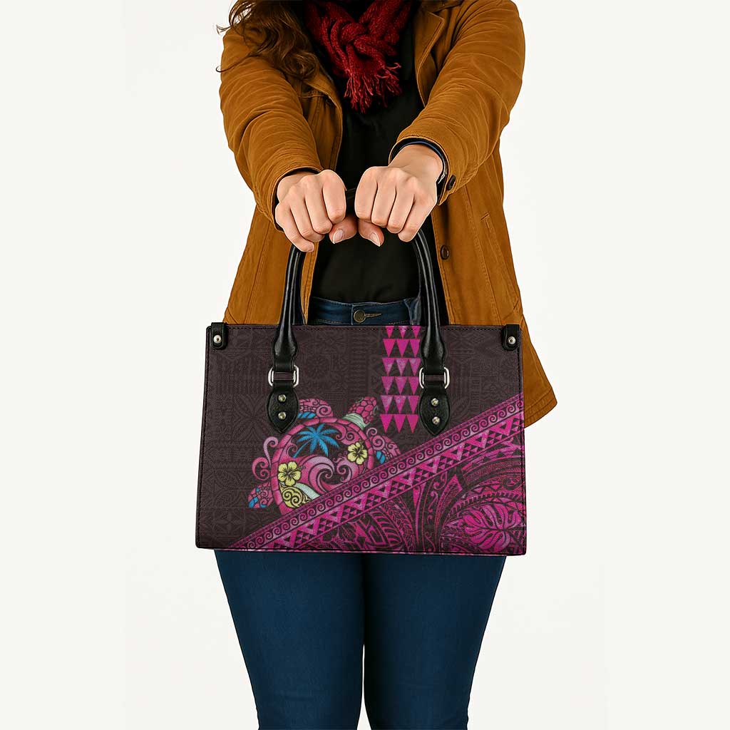 Hawaiian Abstract Sea Turtle Leather Bag Polynesian Tapa Art and Kakau Tattoo Pink WaterColor LT03 - Polynesian Pride