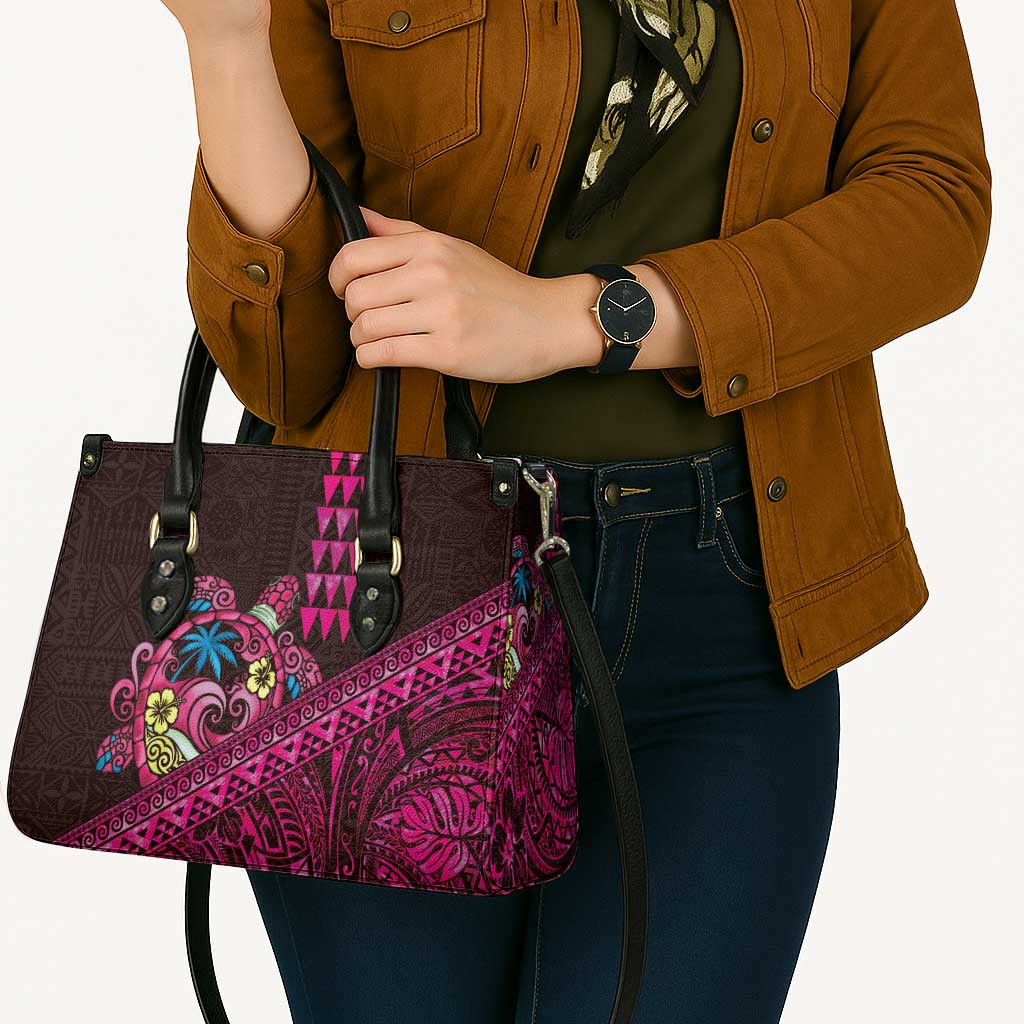 Hawaiian Abstract Sea Turtle Leather Bag Polynesian Tapa Art and Kakau Tattoo Pink WaterColor LT03 - Polynesian Pride