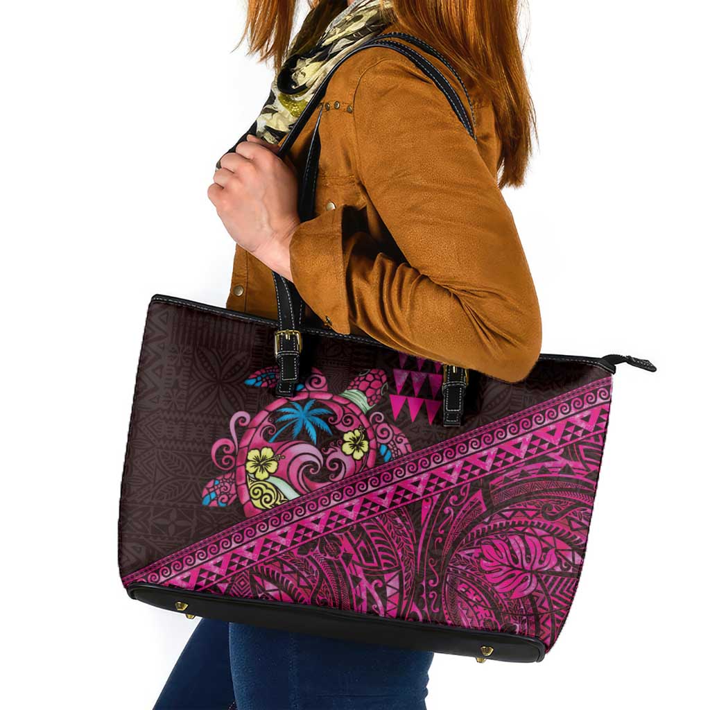 Hawaiian Abstract Sea Turtle Leather Tote Bag Polynesian Tapa Art and Kakau Tattoo Pink WaterColor LT03 Black - Polynesian Pride