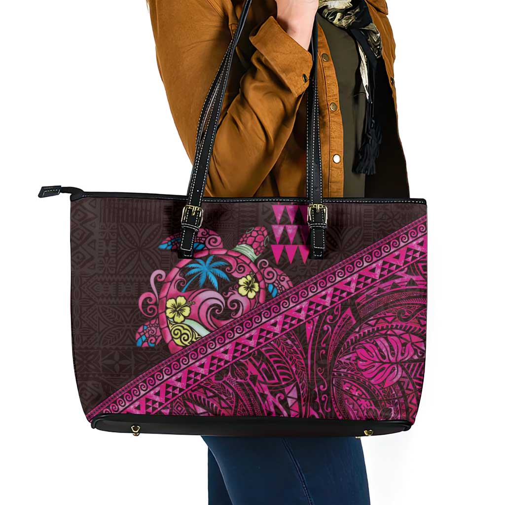 Hawaiian Abstract Sea Turtle Leather Tote Bag Polynesian Tapa Art and Kakau Tattoo Pink WaterColor LT03 - Polynesian Pride