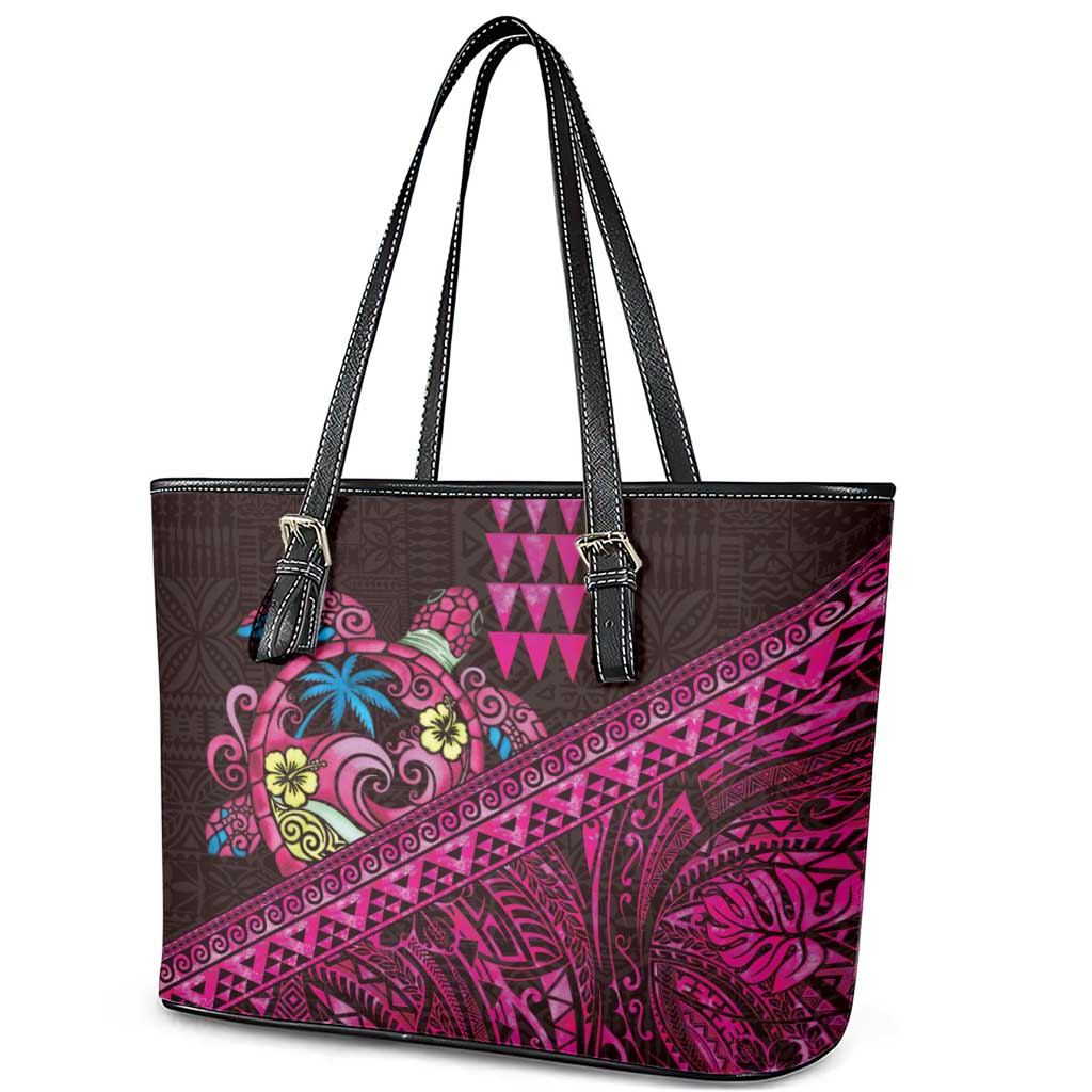 Hawaiian Abstract Sea Turtle Leather Tote Bag Polynesian Tapa Art and Kakau Tattoo Pink WaterColor LT03 - Polynesian Pride