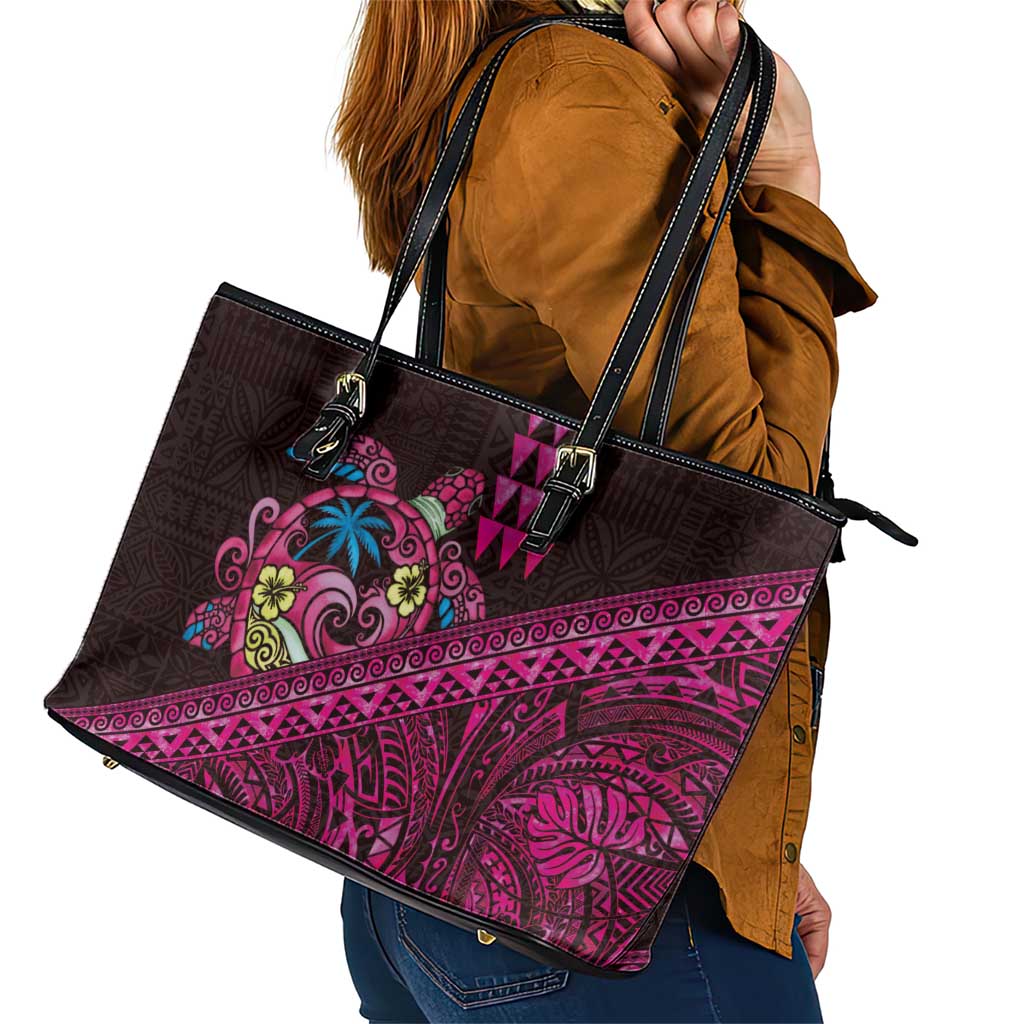 Hawaiian Abstract Sea Turtle Leather Tote Bag Polynesian Tapa Art and Kakau Tattoo Pink WaterColor LT03 - Polynesian Pride