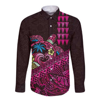 Hawaiian Abstract Sea Turtle Long Sleeve Button Shirt Polynesian Tapa Art and Kakau Tattoo Pink WaterColor LT03 Unisex Black - Polynesian Pride