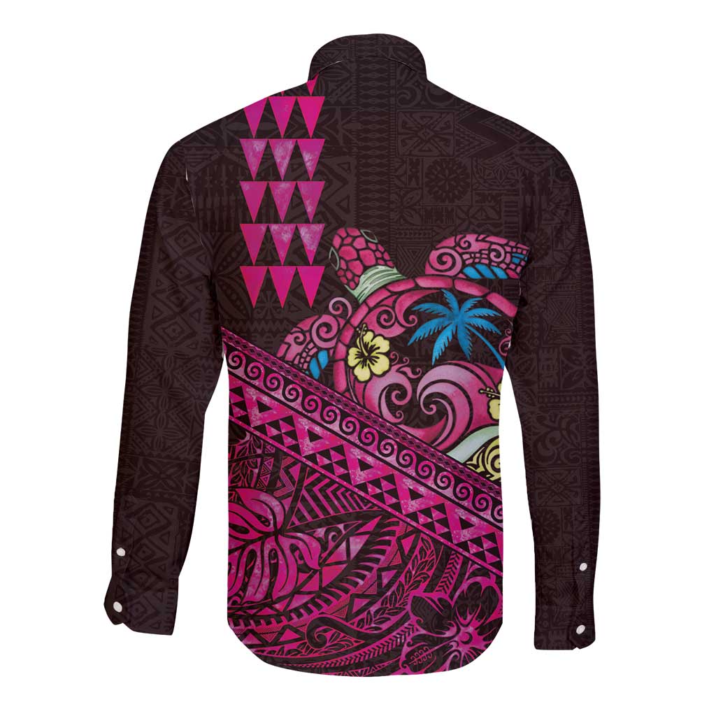 Hawaiian Abstract Sea Turtle Long Sleeve Button Shirt Polynesian Tapa Art and Kakau Tattoo Pink WaterColor LT03 - Polynesian Pride