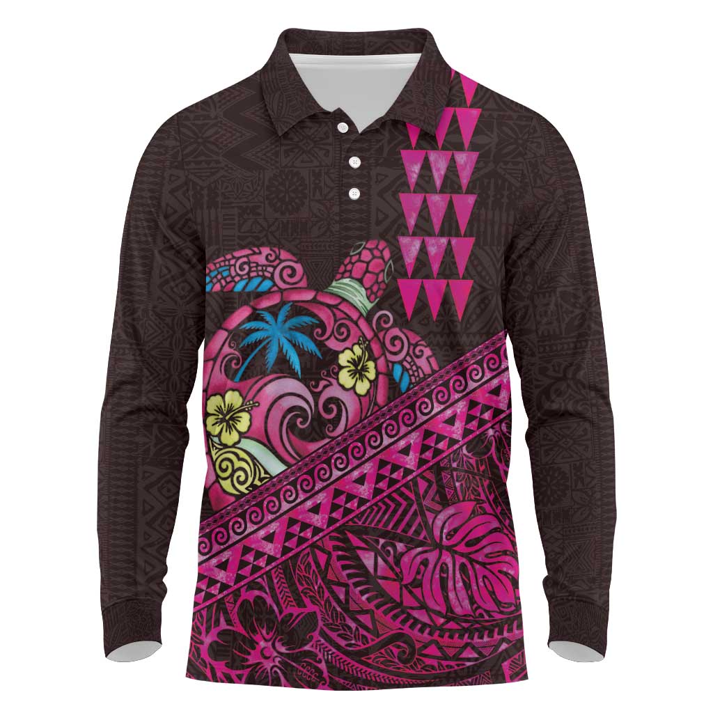 Hawaiian Abstract Sea Turtle Long Sleeve Polo Shirt Polynesian Tapa Art and Kakau Tattoo Pink WaterColor LT03 Black - Polynesian Pride