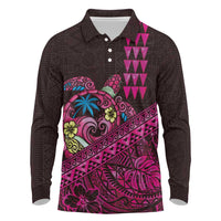 Hawaiian Abstract Sea Turtle Long Sleeve Polo Shirt Polynesian Tapa Art and Kakau Tattoo Pink WaterColor LT03 Black - Polynesian Pride
