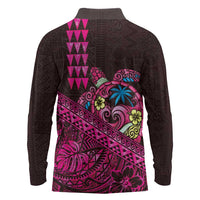 Hawaiian Abstract Sea Turtle Long Sleeve Polo Shirt Polynesian Tapa Art and Kakau Tattoo Pink WaterColor LT03 - Polynesian Pride