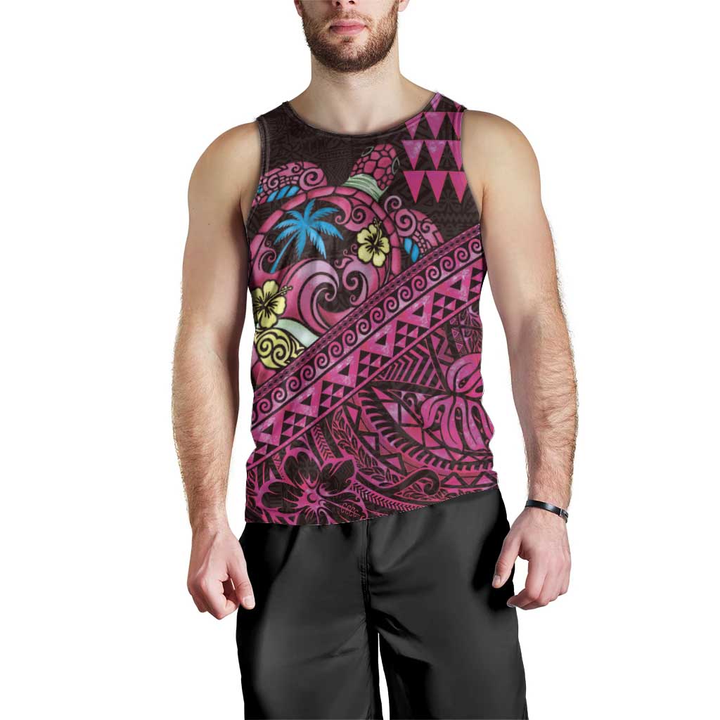 Hawaiian Abstract Sea Turtle Men Tank Top Polynesian Tapa Art and Kakau Tattoo Pink WaterColor LT03 - Polynesian Pride