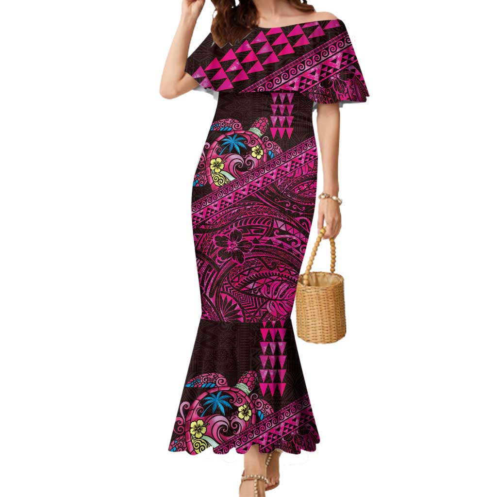 Hawaiian Abstract Sea Turtle Mermaid Dress Polynesian Tapa Art and Kakau Tattoo Pink WaterColor - Polynesian Pride