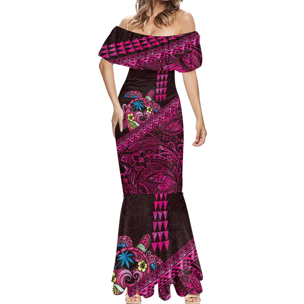 Hawaiian Abstract Sea Turtle Mermaid Dress Polynesian Tapa Art and Kakau Tattoo Pink WaterColor LT03 - Polynesian Pride