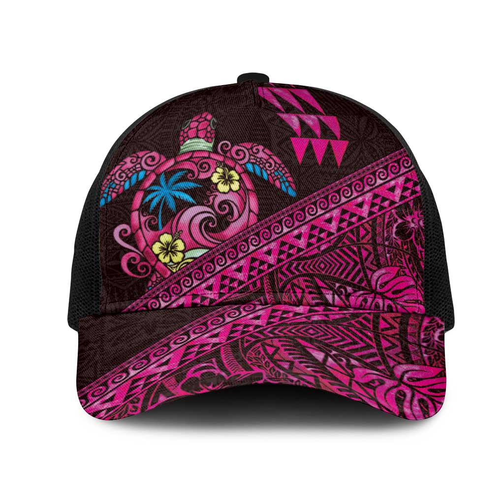 Hawaiian Abstract Sea Turtle Mesh Trucker Cap Polynesian Tapa Art and Kakau Tattoo Pink WaterColor LT03 One Size Black Black - Polynesian Pride