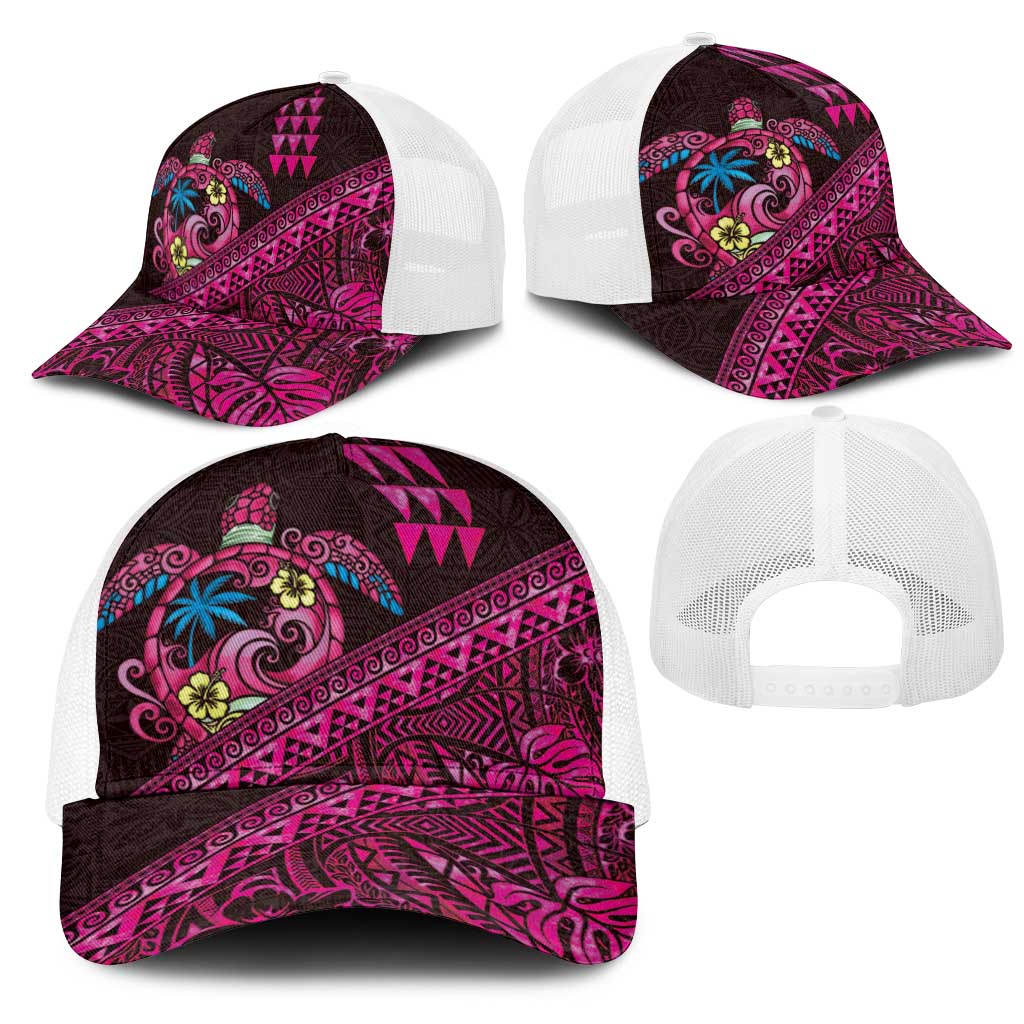 Hawaiian Abstract Sea Turtle Mesh Trucker Cap Polynesian Tapa Art and Kakau Tattoo Pink WaterColor LT03 - Polynesian Pride