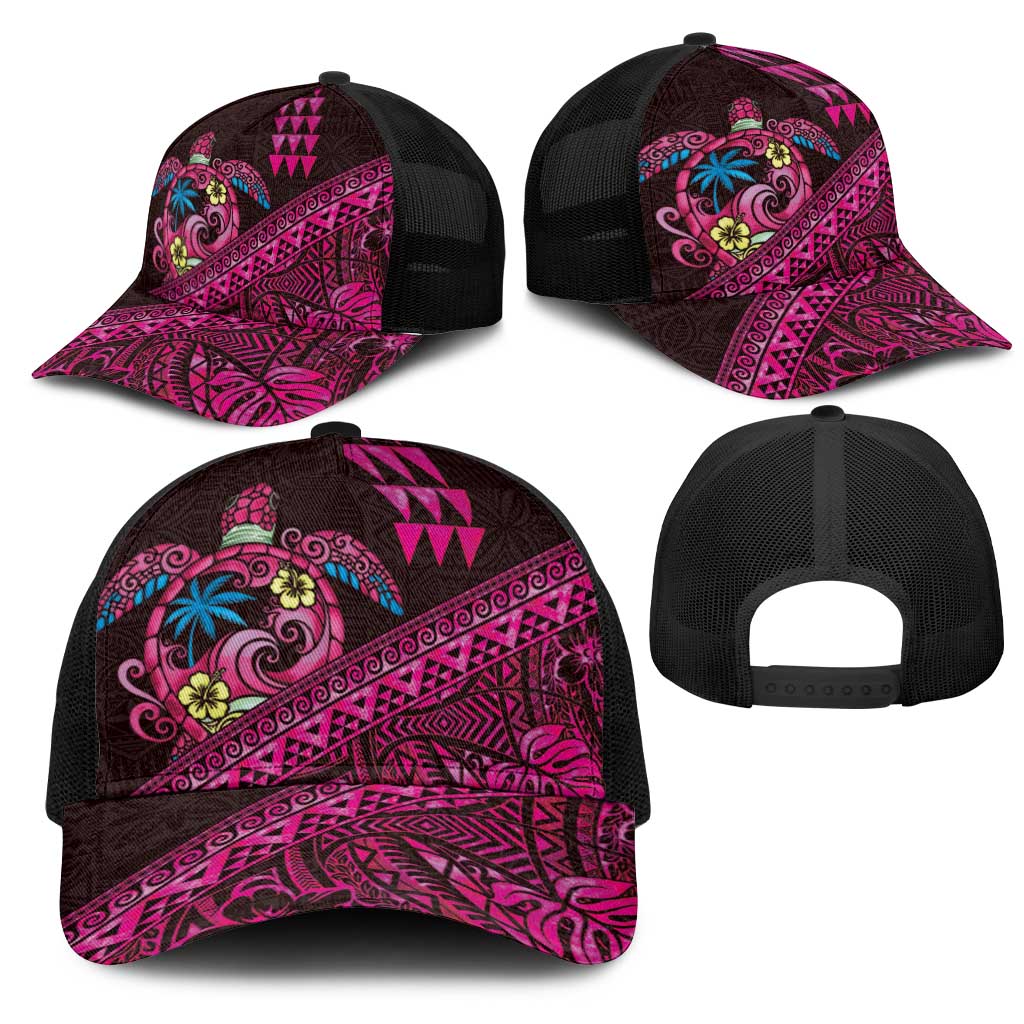 Hawaiian Abstract Sea Turtle Mesh Trucker Cap Polynesian Tapa Art and Kakau Tattoo Pink WaterColor LT03 - Polynesian Pride