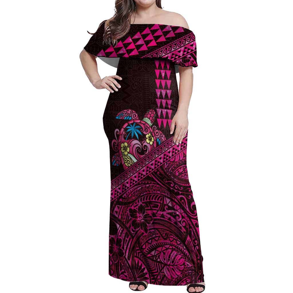 Hawaiian Abstract Sea Turtle Off Shoulder Maxi Dress Polynesian Tapa Art and Kakau Tattoo Pink WaterColor LT03 Women Black - Polynesian Pride