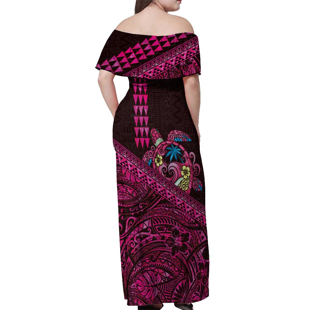 Hawaiian Abstract Sea Turtle Off Shoulder Maxi Dress Polynesian Tapa Art and Kakau Tattoo Pink WaterColor LT03 - Polynesian Pride