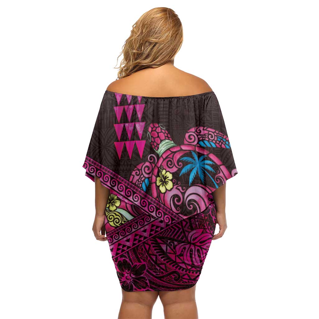 Hawaiian Abstract Sea Turtle Off Shoulder Short Dress Polynesian Tapa Art and Kakau Tattoo Pink WaterColor LT03 - Polynesian Pride