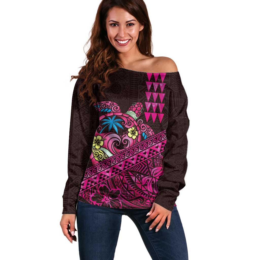 Hawaiian Abstract Sea Turtle Off Shoulder Sweater Polynesian Tapa Art and Kakau Tattoo Pink WaterColor LT03 Women Black - Polynesian Pride