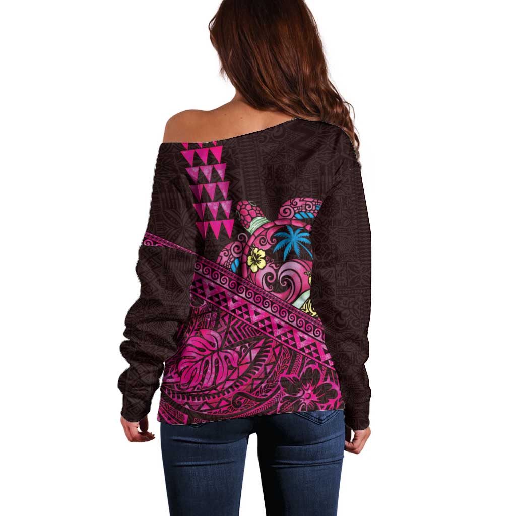 Hawaiian Abstract Sea Turtle Off Shoulder Sweater Polynesian Tapa Art and Kakau Tattoo Pink WaterColor LT03 - Polynesian Pride