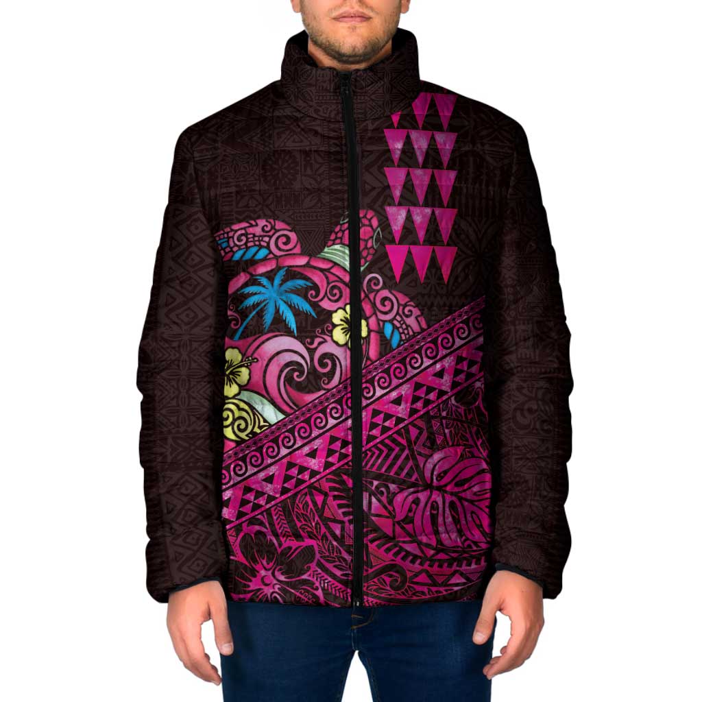 Hawaiian Abstract Sea Turtle Padded Jacket Polynesian Tapa Art and Kakau Tattoo Pink WaterColor LT03 Men Black - Polynesian Pride
