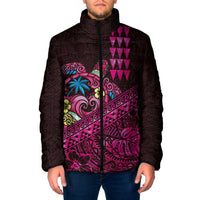 Hawaiian Abstract Sea Turtle Padded Jacket Polynesian Tapa Art and Kakau Tattoo Pink WaterColor LT03 Men Black - Polynesian Pride