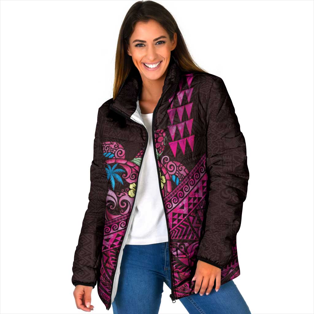 Hawaiian Abstract Sea Turtle Padded Jacket Polynesian Tapa Art and Kakau Tattoo Pink WaterColor LT03 Women Black - Polynesian Pride