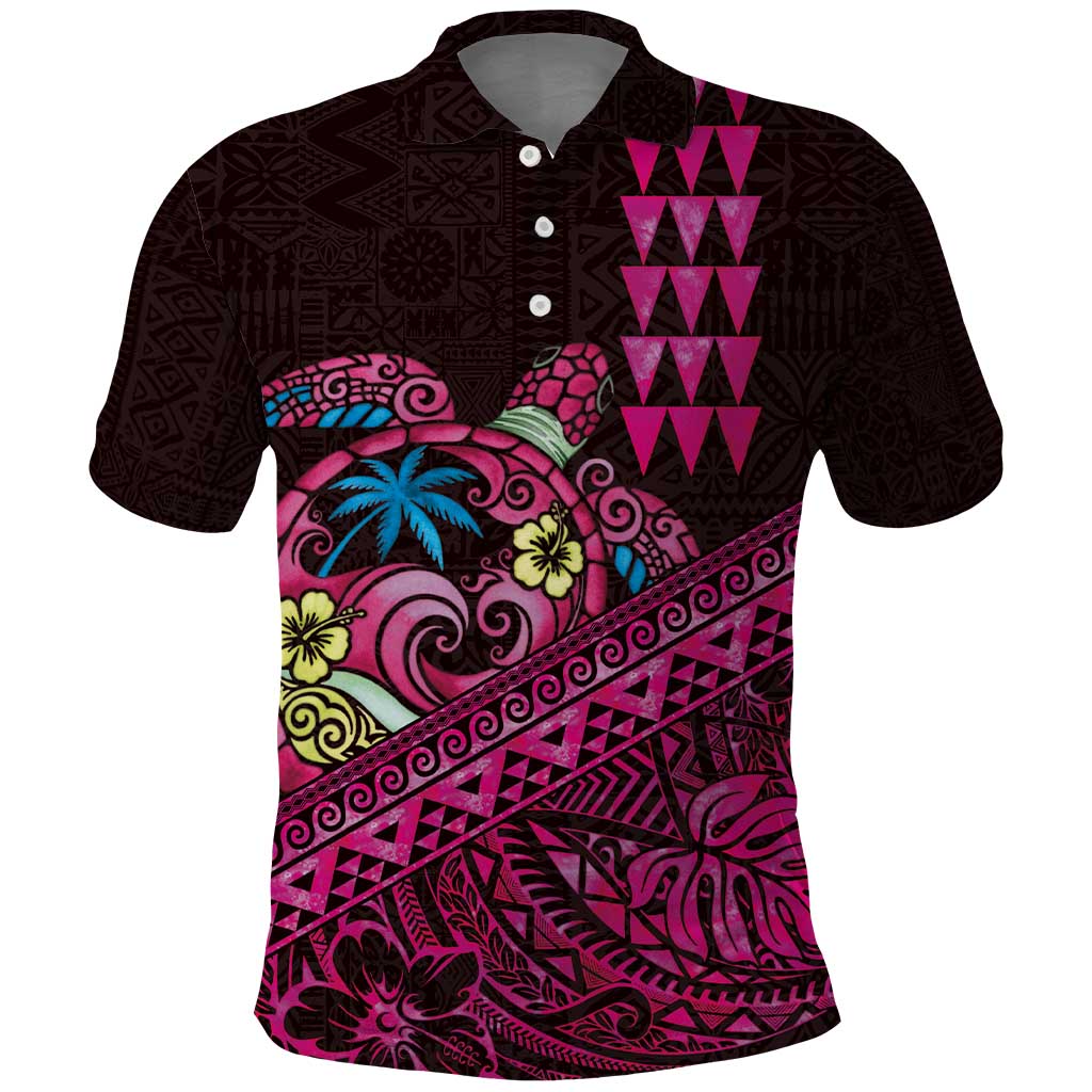 Hawaiian Abstract Sea Turtle Polo Shirt Polynesian Tapa Art and Kakau Tattoo Pink WaterColor LT03 Black - Polynesian Pride