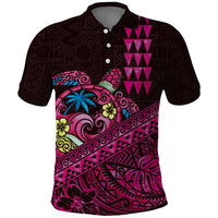 Hawaiian Abstract Sea Turtle Polo Shirt Polynesian Tapa Art and Kakau Tattoo Pink WaterColor LT03 Black - Polynesian Pride