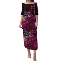 Hawaiian Abstract Sea Turtle Puletasi Polynesian Tapa Art and Kakau Tattoo Pink WaterColor LT03 Long Dress Black - Polynesian Pride
