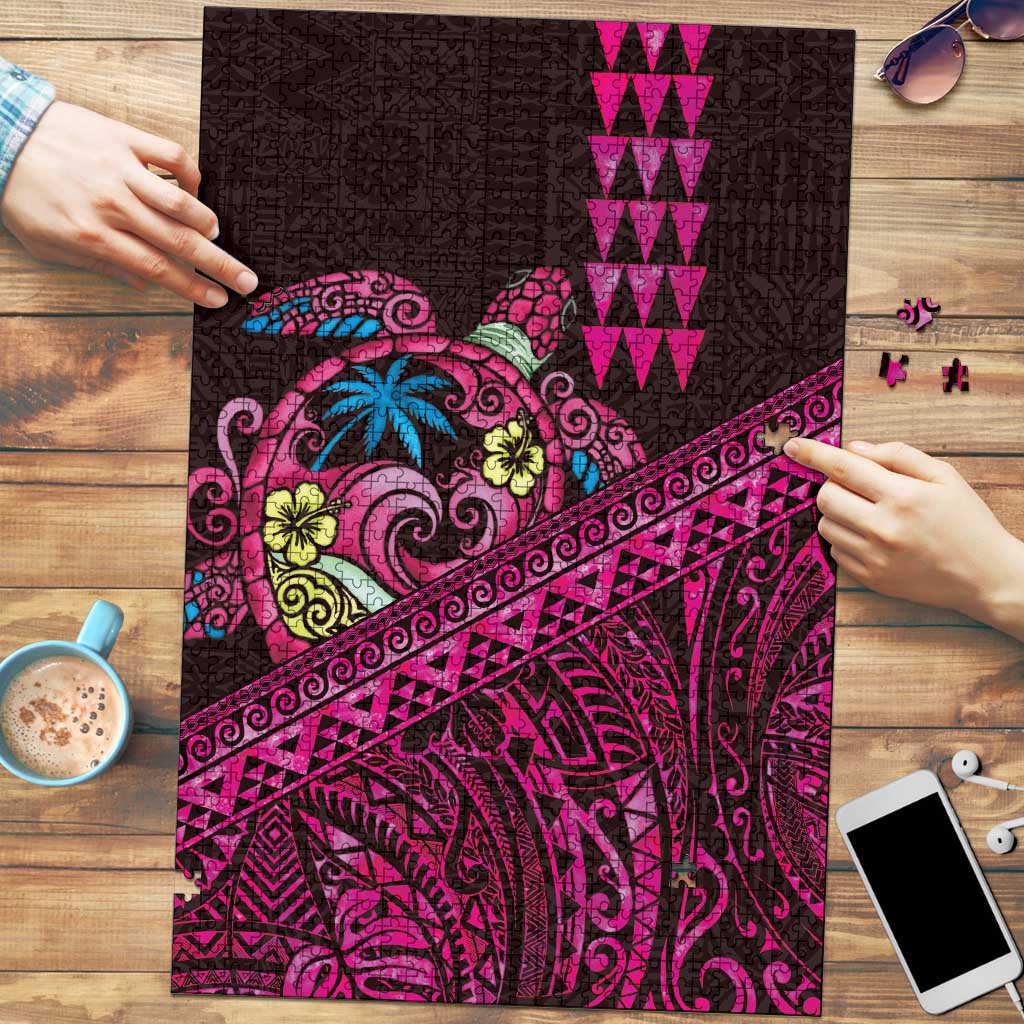 Hawaiian Abstract Sea Turtle Puzzle Polynesian Tapa Art and Kakau Tattoo Pink WaterColor LT03 Black - Polynesian Pride